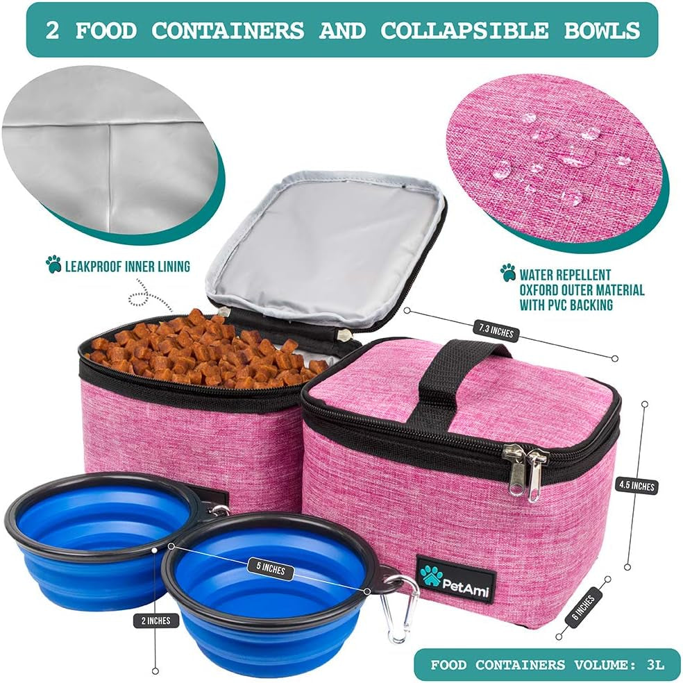 Dog Travel Bag - Travel Pet Organizer with Food Container and Bowls