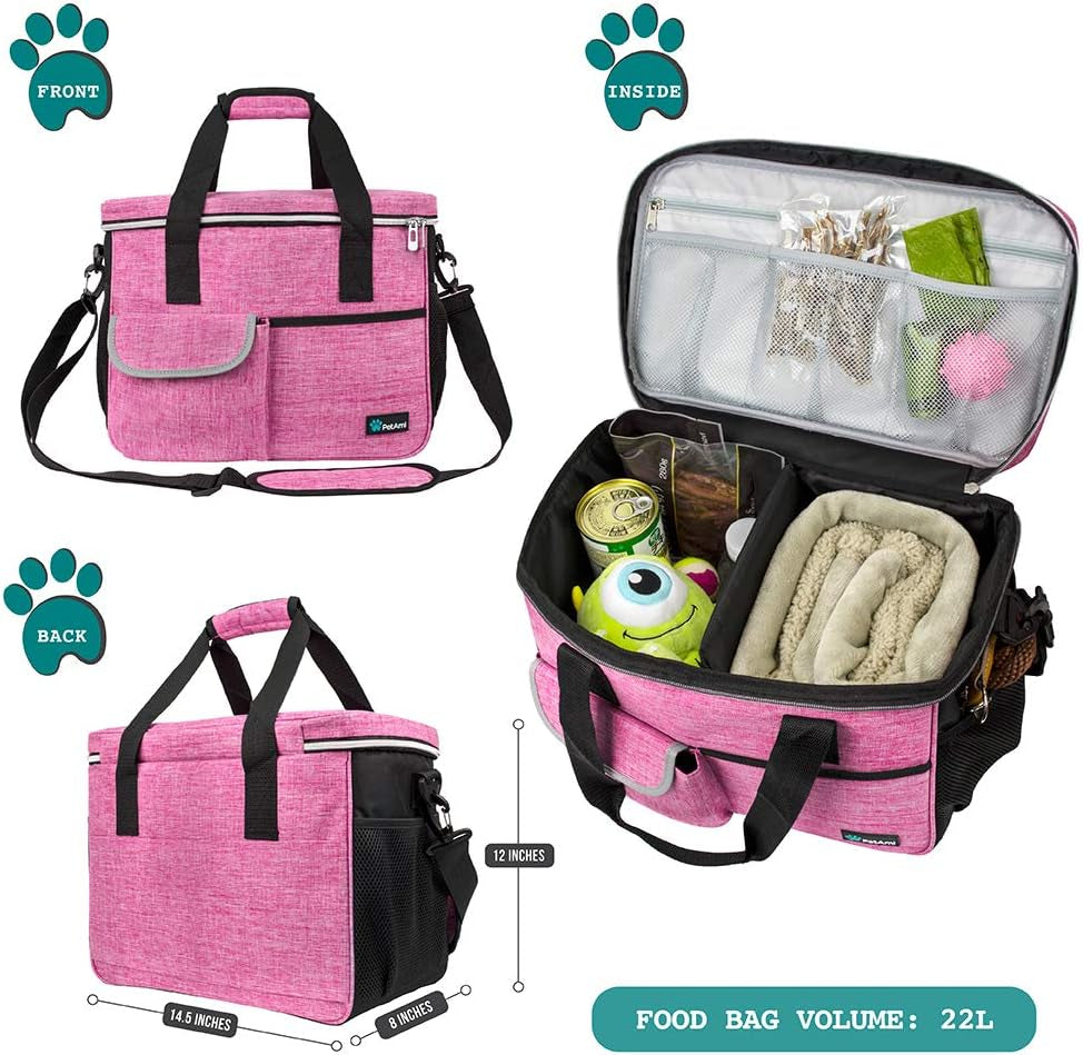 Dog Travel Bag - Travel Pet Organizer with Food Container and Bowls