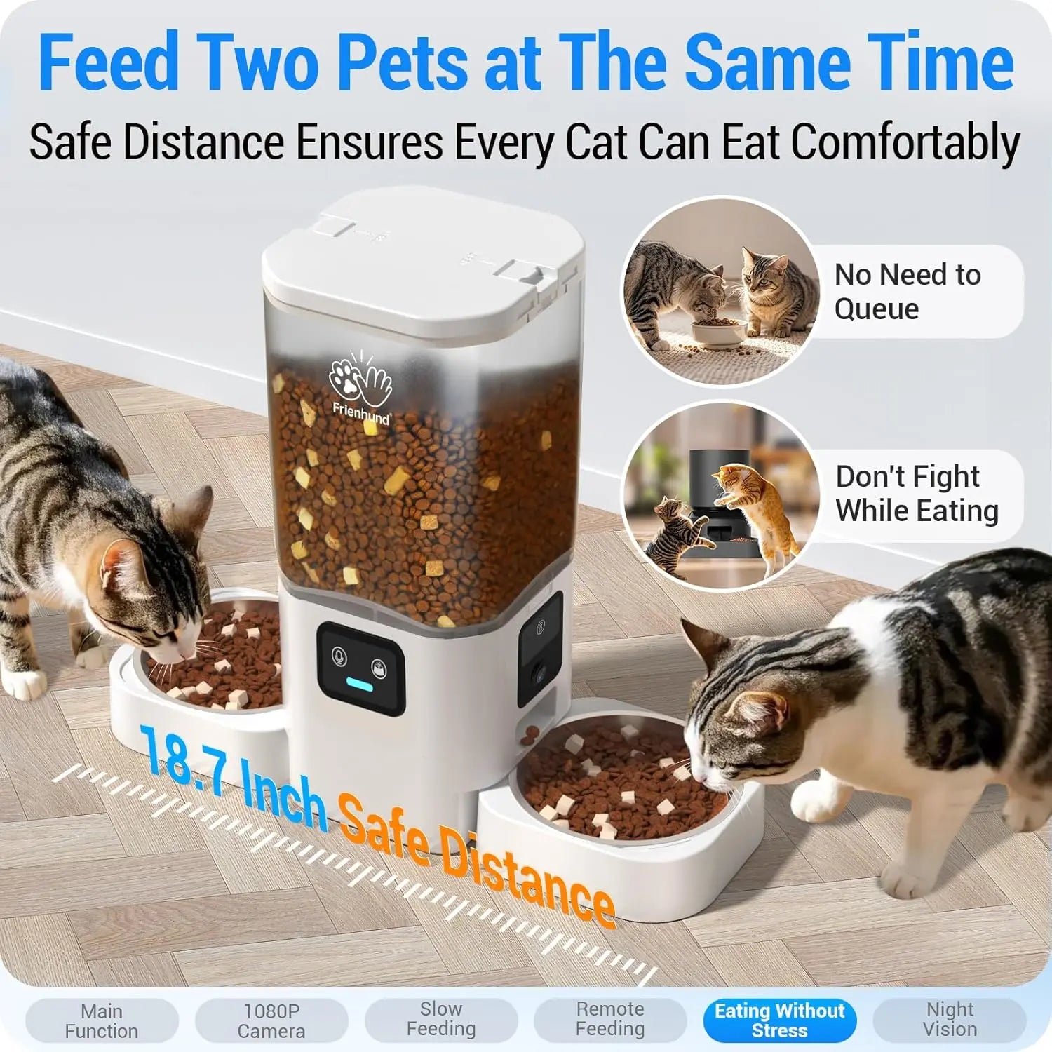 Frienhund Dual Camera Smart Automatic Pet Feeder with 1080P HD Monitoring, App Remote Control, 7L Large Capacity, Timed and Portion Feeding, Dual Bowl Design for Multi Pet Homes