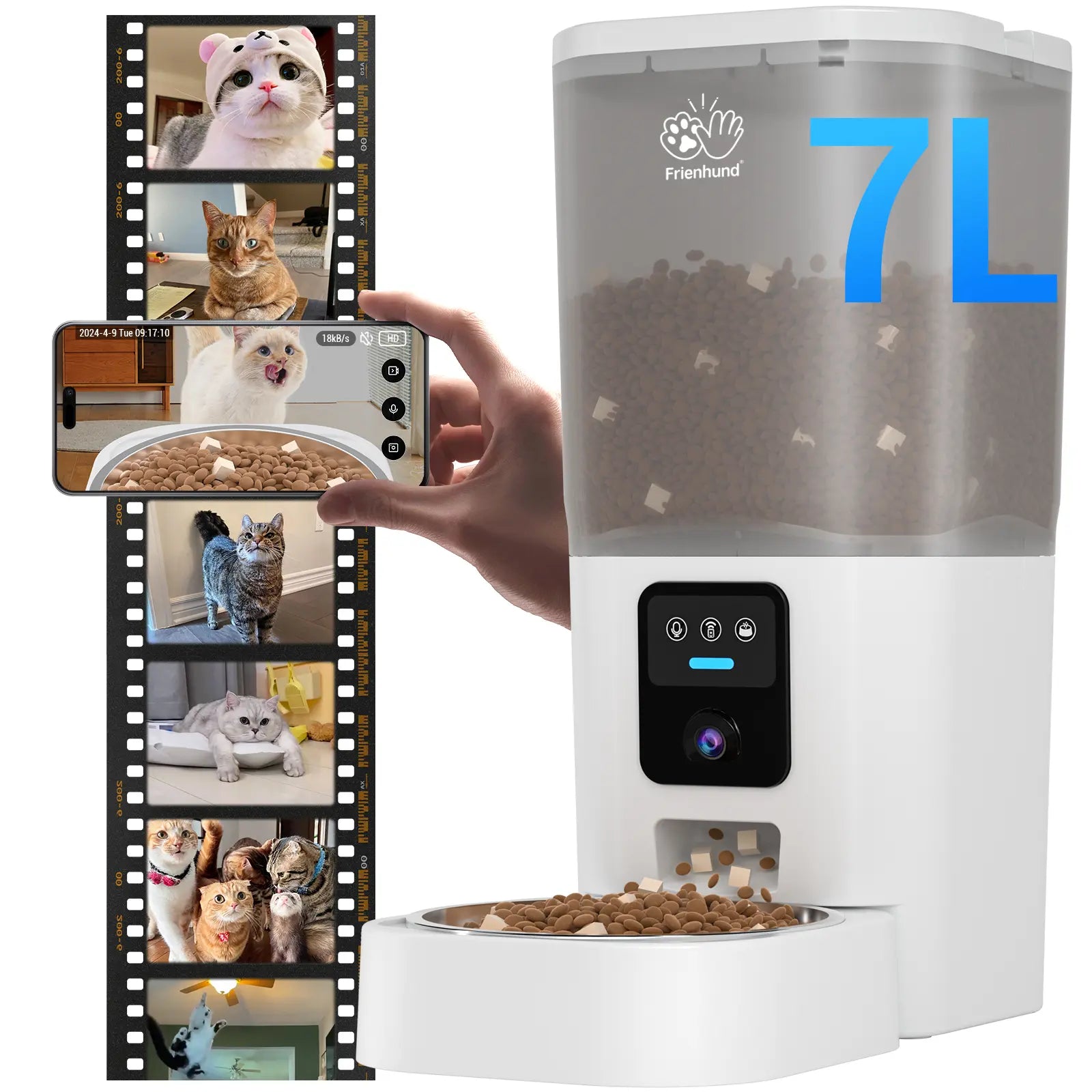 Frienhund Dual Camera Smart Automatic Pet Feeder with 1080P HD Monitoring, App Remote Control, 7L Large Capacity, Timed and Portion Feeding, Dual Bowl Design for Multi Pet Homes