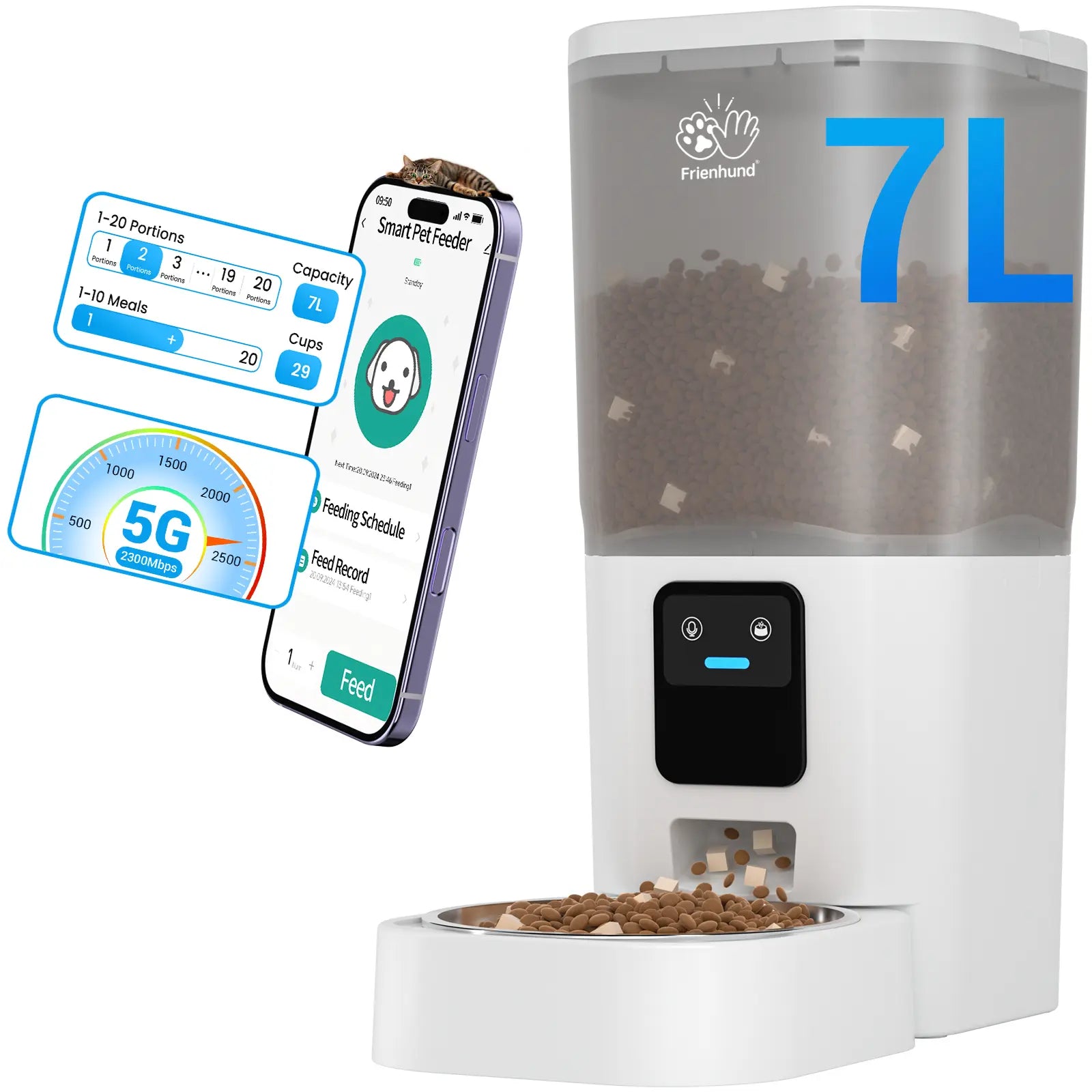 Frienhund Dual Camera Smart Automatic Pet Feeder with 1080P HD Monitoring, App Remote Control, 7L Large Capacity, Timed and Portion Feeding, Dual Bowl Design for Multi Pet Homes