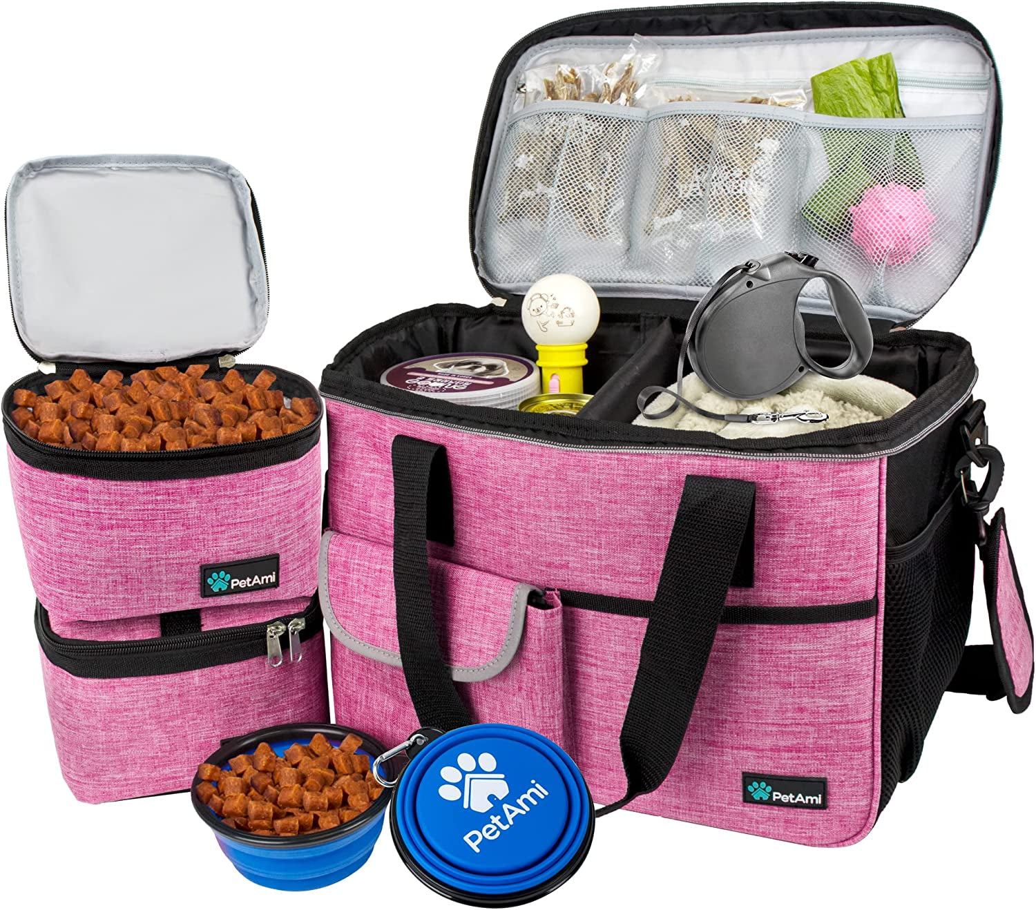 Dog Travel Bag - Travel Pet Organizer with Food Container and Bowls