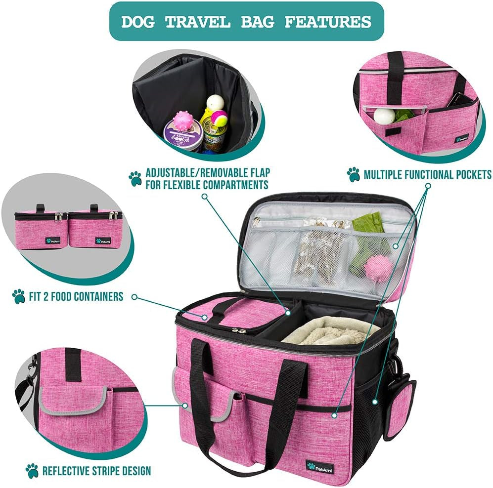 Dog Travel Bag - Travel Pet Organizer with Food Container and Bowls