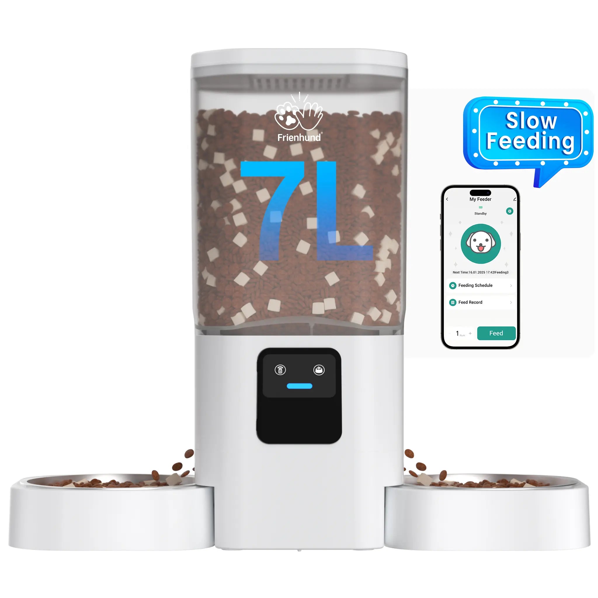 Frienhund Dual Camera Smart Automatic Pet Feeder with 1080P HD Monitoring, App Remote Control, 7L Large Capacity, Timed and Portion Feeding, Dual Bowl Design for Multi Pet Homes