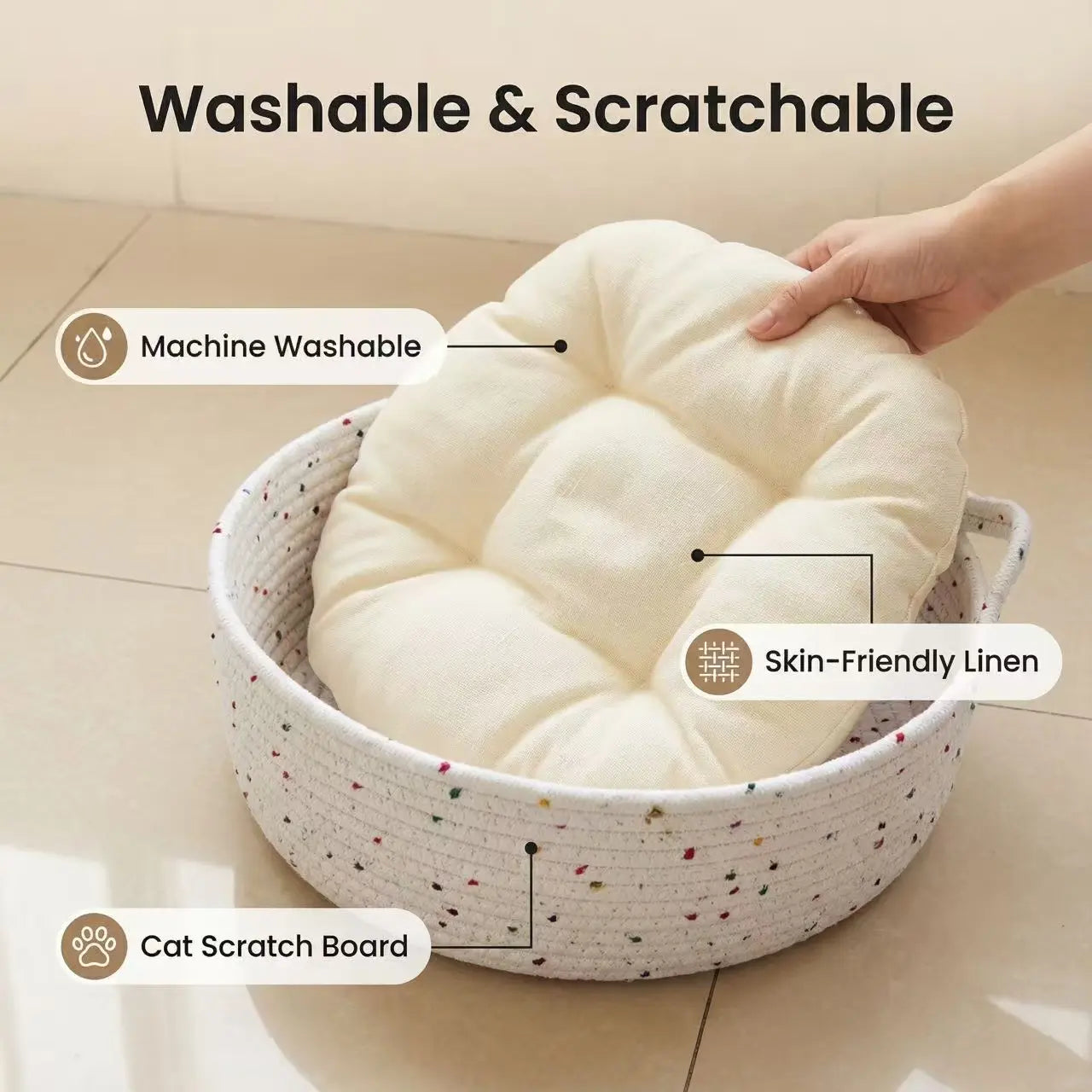 Cozy Cat Bed Three-In-One with U-Shaped Cushion & Scratch-Resistant Pad Hand-Woven Design Detachable Washable All-Season