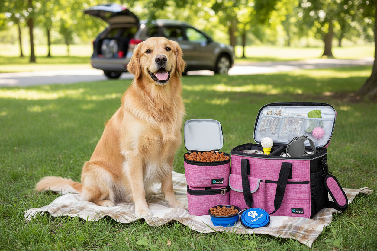 Dog Travel Bag - Travel Pet Organizer with Food Container and Bowls